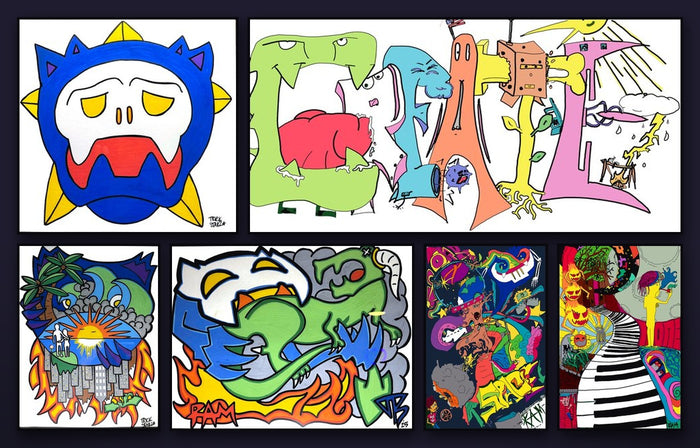 Six original paintings by Ryan A. McNeil: Star, Create, Wave, Fire, Space and Time